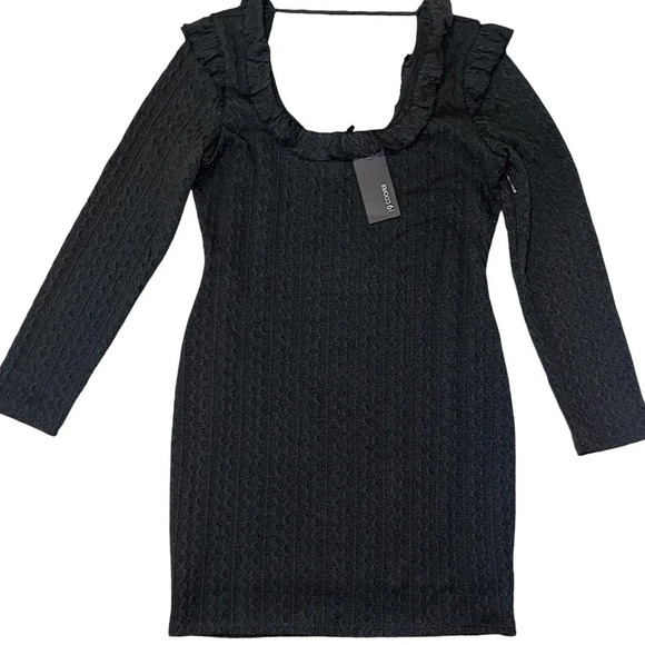 19 Cooper Black Cable Knit Sweater Ruffle Neck Sweater Long Sleeve Mini Dress L - Picture 2 of 5